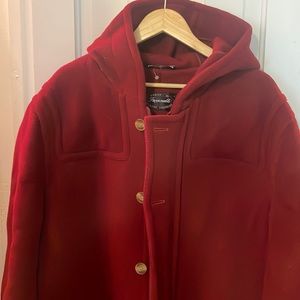 Facconable wool coat. Gorgeous styling. Rich red color. French.